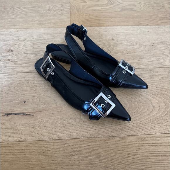 ASOS Ballet Flats Buckle Pointed Toe Legion Size US7 Black Patent - Picture 1 of 7